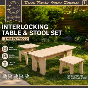 May include: A light-colored interlocking table and stool set made from 18mm plywood. The set includes a rectangular table and two stools, all with a simple, modern design. The image also includes text that says "Easy Assembly" and "Digital Download."
