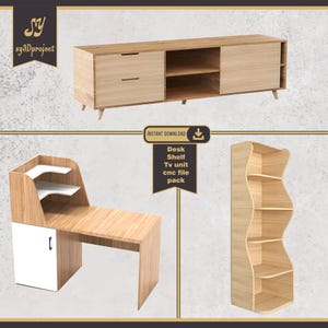 Puede incluir: Un conjunto de tres muebles de madera: un escritorio con un armario blanco, una unidad de TV con dos cajones y estantes, y una unidad de estantería alta y curva. Los muebles están hechos de madera clara y tienen un diseño moderno.