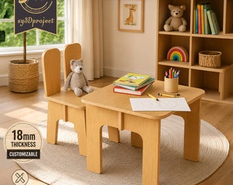 May include: A light wood children's table and chair set. The table has a square top with rounded corners. A teddy bear sits on the chair. The image includes the text "Digital Plan file - Instant Download" and "18mm Thickness Customizable".