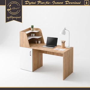Op de afbeelding: Een houten bureau met een witte kastdeur en een geïntegreerde hoekkast met twee witte planken. Op het bureau staan een laptop, een witte bureaulamp en een pennenhouder. De tekst Digital Plan file - Instant Download is zichtbaar.