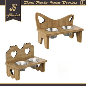 Könnte beinhalten: Zwei Futternäpfe aus Holz für Haustiere mit Edelstahlnäpfen. Einer hat ein Katzenohrendesign, der andere Herzausschnitte. Der Text "sy3Dproject" ist auf einem Banner oben links zu sehen. Der Text "Digital Plan file - Instant Download" steht oben.