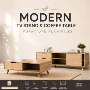 Op de afbeelding: Digitale meubelbouwplannen voor een modern tv-meubel en salontafel. De afbeelding toont een salontafel van licht hout met een lade en open schap, en een bijpassend tv-meubel met twee lades, open schappen en een schuifdeur.
