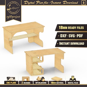 Puede incluir: Se muestran dos diseños de escritorios de madera clara. Los escritorios tienen un estante y patas curvas. El texto en la imagen incluye "Digital Plan file - Instant Download", "18MM READY FILES" y "DXF SVG PDF".