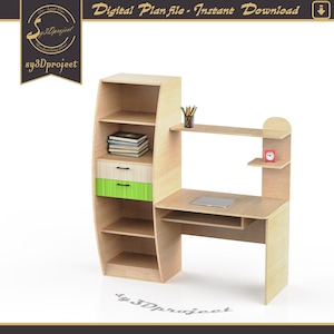 Modern CNC Desk Woodworking Plan - Desk and Shelf Cnc  Files Dxf Svg Pdf - Home Decor Desk Furniture plan - Cnc furniture files