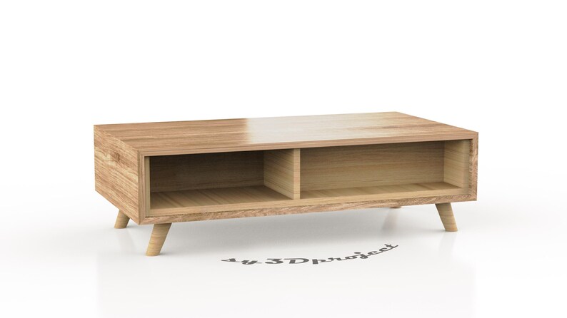 May include: A light wood coffee table with two open shelves and four short legs. The table is made of light wood with a natural finish.