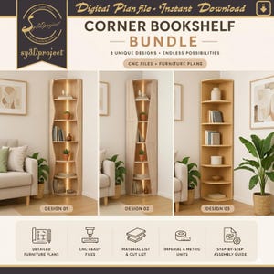 May include: A digital plan file for a corner bookshelf bundle with three unique designs. The image shows three different wooden corner bookshelf designs, each with shelves and some with interior lighting. The text includes "CNC files + furniture plans".