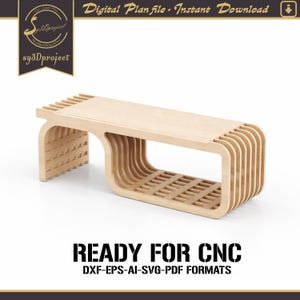 May include: A light-coloured wooden bench with a modern design. The bench has a rectangular top with a slatted design and curved supports. The text "READY FOR CNC" and "DXF-EPS-AI-SVG-PDF FORMATS" are displayed below the bench.