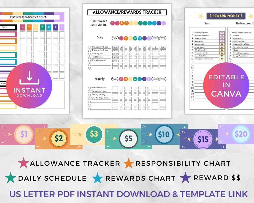 Printable Allowance Tracker Templates Editable Chore Chart for Kids ...