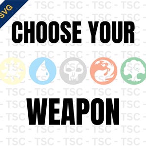 May include: A graphic design with the text "CHOOSE YOUR WEAPON." The design includes five colored symbols: yellow, blue, gray, orange, and green. A navy blue banner in the upper left corner reads "PNG & SVG."