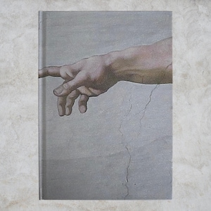 Puede incluir: Una portada de libro que presenta un detalle del techo de la Capilla Sixtina de Miguel Ángel. La imagen muestra una mano extendiéndose hacia otra mano sobre un fondo gris. La obra de arte es una representación clásica de la creación de Adán.