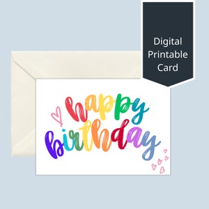 Printable Birthday Card, Rainbow Happy Birthday Note Digital Download PDF to Print at Home