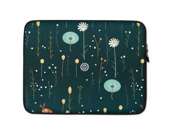 Elegant Teal Laptop Case with Whimsical Botanicals & Cute Bug | FREE Shipping worldwide