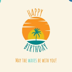 Tarjeta de feliz cumpleaños para surfistas