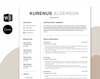 CV Template Resume, Word Document, Canva template, Editable Template, Professional Resume, Minimalist Design, Curriculum Vitae, A4 US Letter