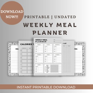 May include: Printable undated weekly meal planner with sections for calories tracked, meal planning, grocery list, and notes. The planner has a grey background with black text and lines.