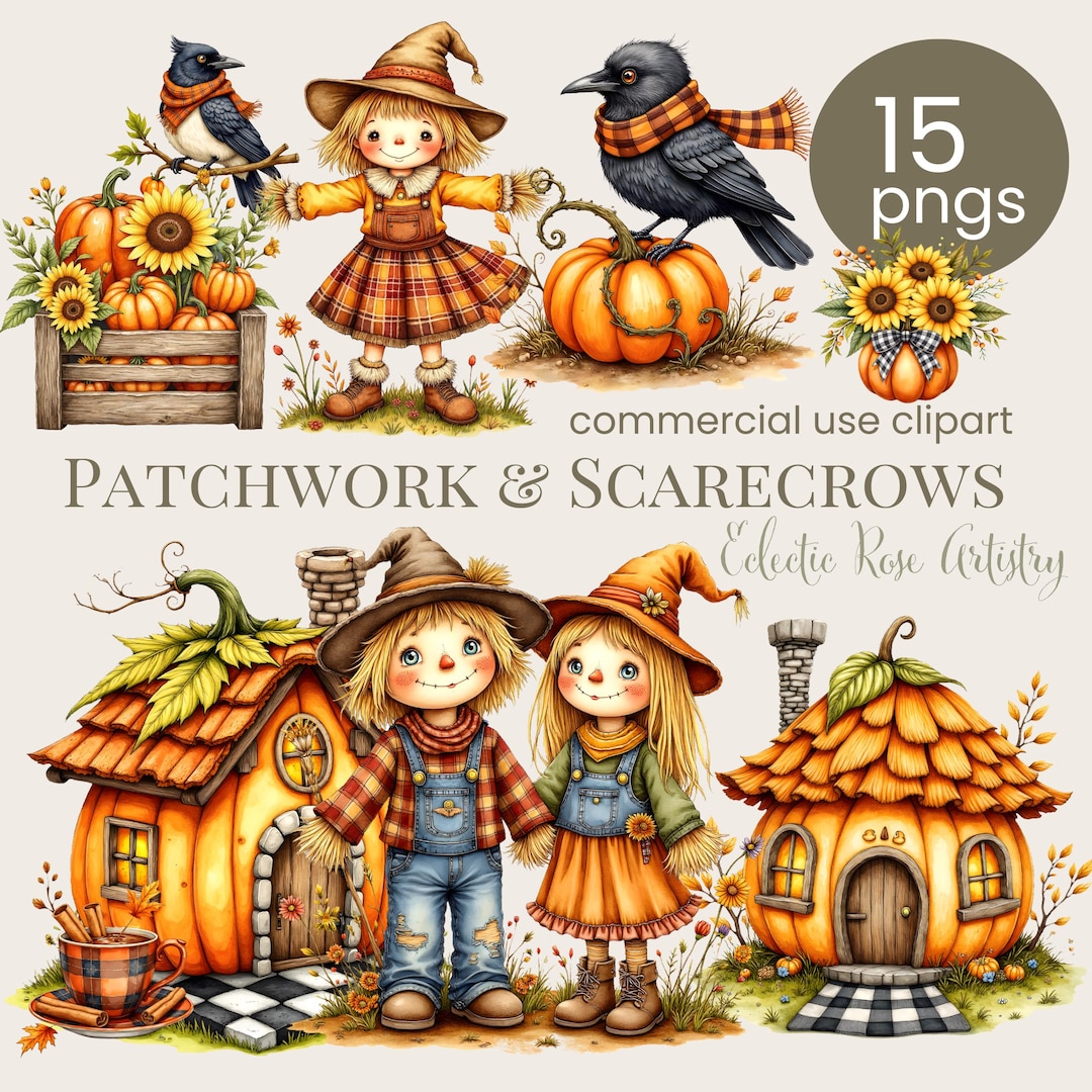Patchwork and Scarecrows Clipart - Etsy