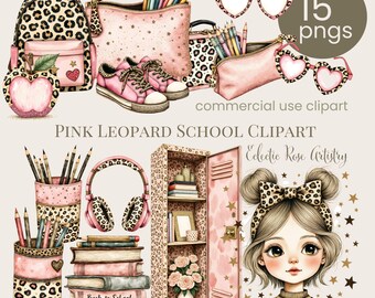 Leopard Design School Clipart, rosa och djurtryckta objekt digitala, tillbaka till skolan grafik
