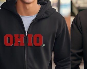 OHIO, Full Zip Hooded Sweatshirt, Black, Gray, O H I O, O H I O zip, O.H.I O. zip Hoodie, OH-IO hoodie, zip sweatshirt for Buckeye fan