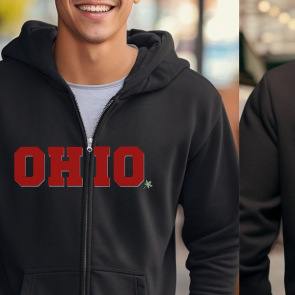 OHIO, Full Zip Hooded Sweatshirt, Black, Gray, O H I O, O H I O zip, O.H.I O. zip Hoodie, OH-IO hoodie, zip sweatshirt for Buckeye fan