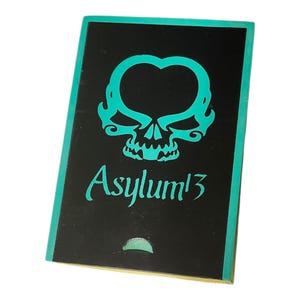 Puede incluir: Una caja rectangular negra con un diseño de calavera turquesa y el texto "Asylum13". La calavera tiene una parte superior en forma de corazón. La caja tiene ribetes turquesas y una pequeña abertura en la parte inferior.