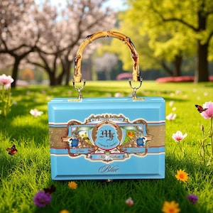 May include: A light blue cigar box with a bamboo handle. The box features gold and blue decorative labels with the text "My Father Cigars" and "Blue". The box is sitting on green grass with flowers.