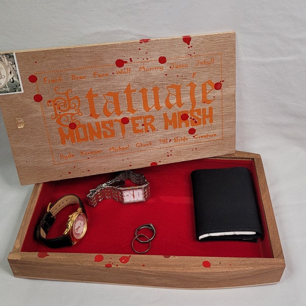 Men's Valet/Trinket/Keepsake Box made from a Tatuaje Monster Series Monster Mash Wood Cigar Box.  Men's gift, Esteli Nicaragua, coffin shape