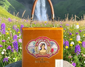 Purse handmade from a La Aroma De Cuba Reserva Romantico Cigar Box: Red Velvet Lined, Gold-Toned Hardware, Nicaragua