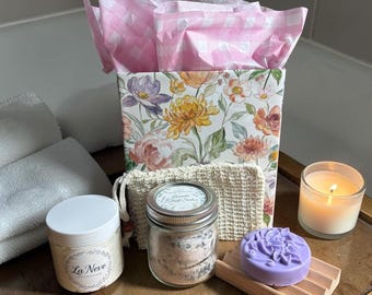 5 Piece Mother’s Day or Self-Care Set | Handmade Soap, Sugar Scrub or Body Butter, Bath Soak | Rose or Lavender | Packaging Included