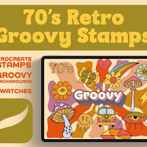 70s Retro Procreate Stamps: Groovy Flowers, Mushrooms, Backgrounds