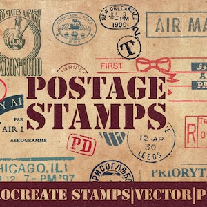 Más de 300 sellos postales retro / Sellos vintage para Procreate / Sellos grunge / Vectores, Procreate, PNG