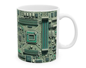 May include: White ceramic mug with a green and gray printed design of a circuit board. The design features a central processor unit (CPU) and various electronic components.