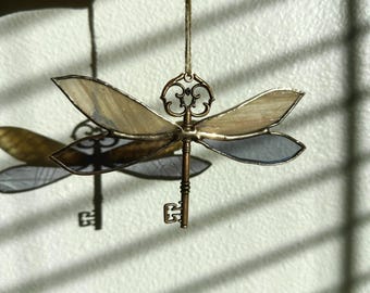 Handmade Stained Glass Dragonfly Skeleton Key Suncatcher - Vintage-Inspired Window Art - Unique Gift for Nature Lovers