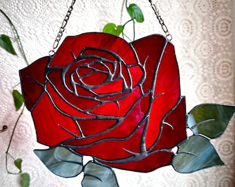 Stained Glass Romantic Valentines Rose Flower Suncatcher