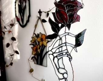 Gothic Stained Glass Skeleton Hand with Rose | Romantic Dark Academia Decor | Macabre Floral Art