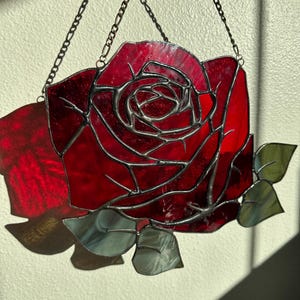 Stained Glass Red Rose Suncatcher Panel - Handmade Romantic Floral Suncatcher Wall Art - Anniversary or Housewarming Gift for her