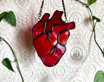 Anatomisch hart glas-in-lood suncatcher | Handgemaakt gotisch jubileumcadeau - overlevende hartoperatie - huwelijkscadeau
