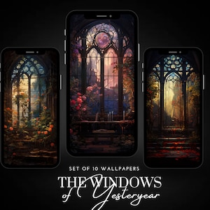Könnte beinhalten: Drei Handy-Hintergründe mit gotischen Fenstern, die von Ranken überwachsen sind und einen Blick auf eine ferne Landschaft bieten. Der Text "THE WINDOWS of Yesteryear" befindet sich am unteren Rand des Bildes.