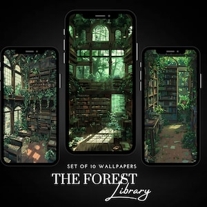 Biblioteka leśna || Tła na telefon Dark Academia || Romantyczny, estetyczny zestaw tapet w stylu vintage || Na smartfony, Androida i iPhone'a