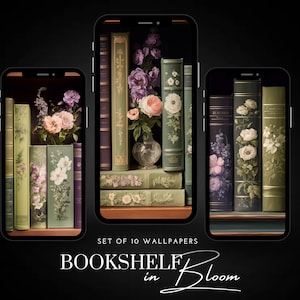 Bookshelf in Bloom || Tła na telefon Cottagecore || Romantyczny, estetyczny zestaw tapet w stylu vintage || Na smartfony, Androida i iPhone'a
