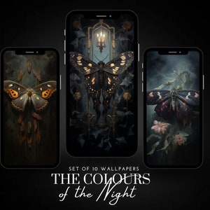 May include: Three phone screens displaying a set of 10 wallpapers called "The Colours of the Night". Each wallpaper features a dark background with a butterfly and floral elements.