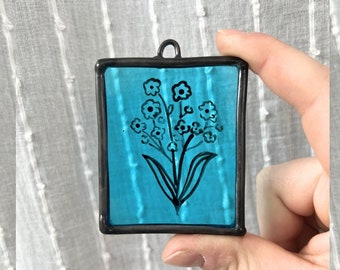 STAINED GLASS FLOWER miniature glass painting cottagecore vintage decor cute gift unique gift blue flower design tiny art tiny painting