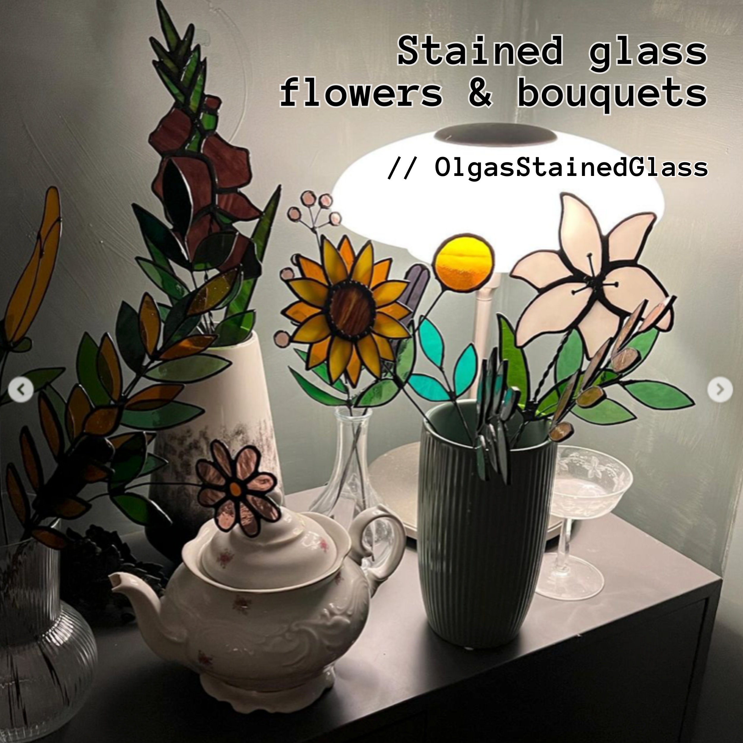 Stained Glass Flowers, Wildflower Bouquet, Glass Flowers Long Stem, Geometric Stained Glass