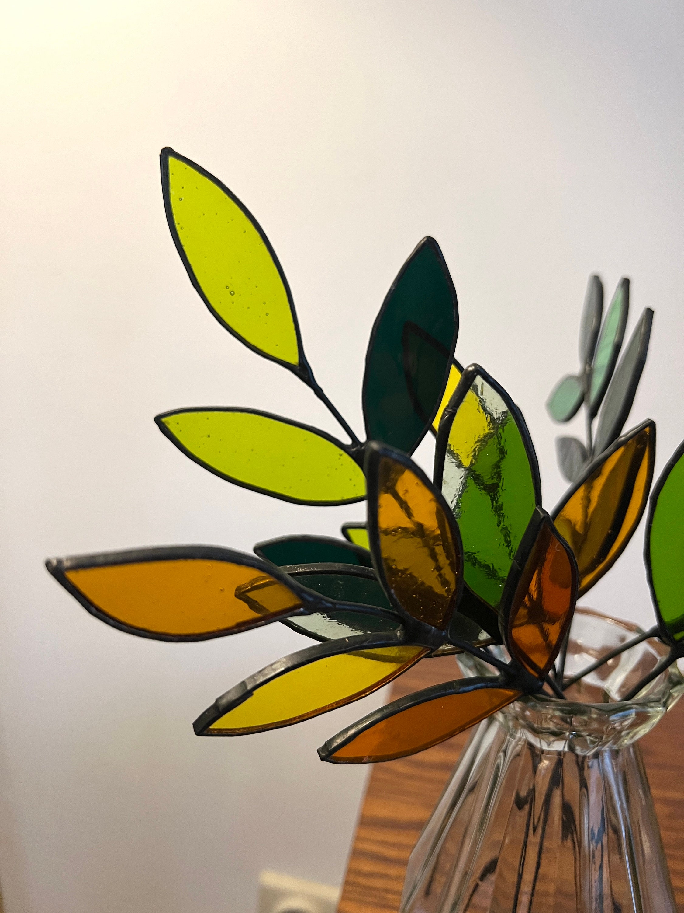 Stained Glass Bouquet With Seven Leafy Stems, Minimalist Glass Flowers Floral Arrangement