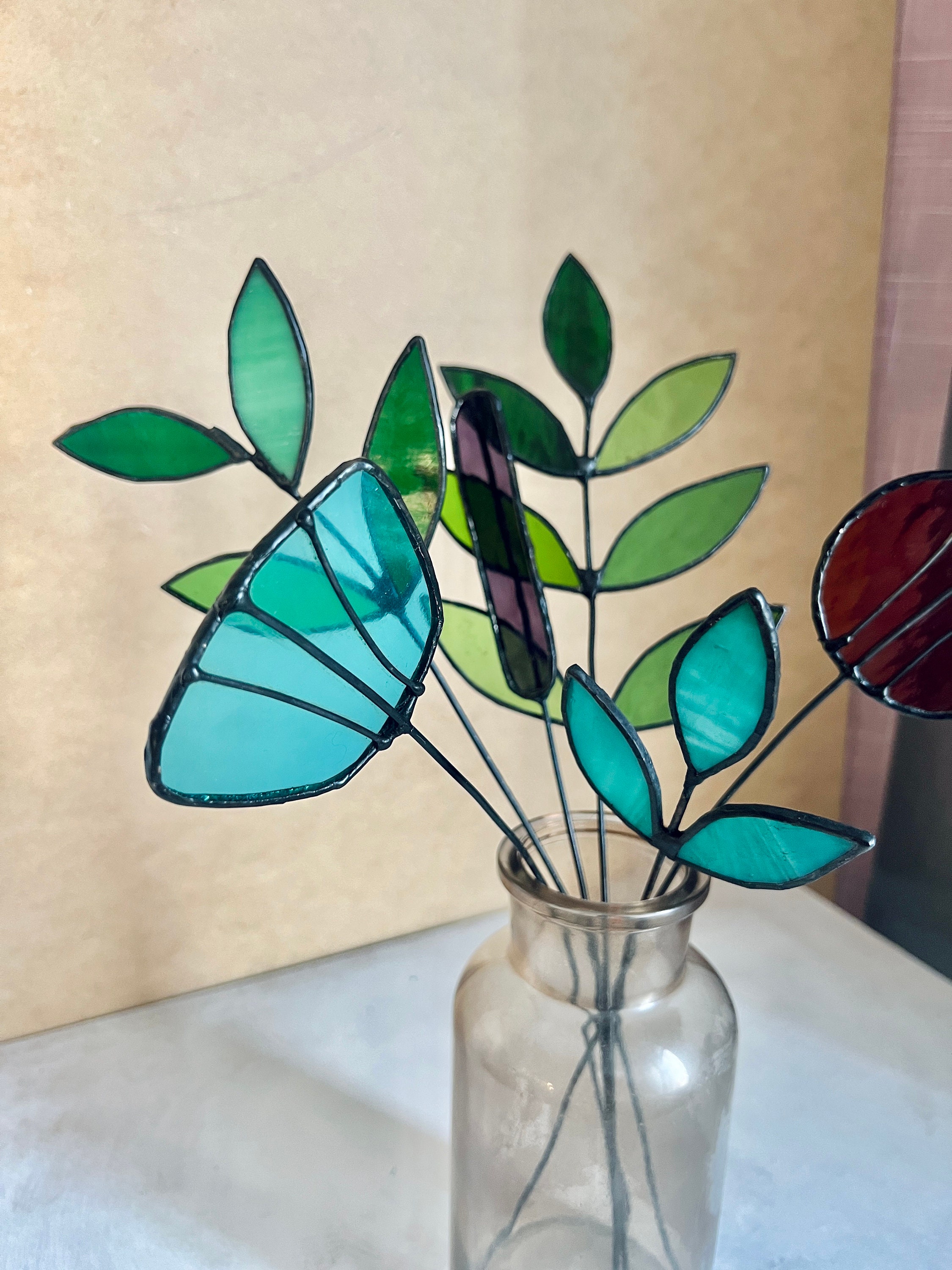 Stained Glass Flowers, Wildflower Bouquet, Glass Flowers Long Stem, Geometric Stained Glass
