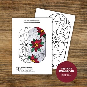 以下が含まれることがあります： ポインセチアの花のステンドグラスのパターンを印刷できます。パターンは白黒で、デザインの色付きバージョンが含まれています。パターンはステンドグラスのパネル用で、すぐにダウンロードできます。