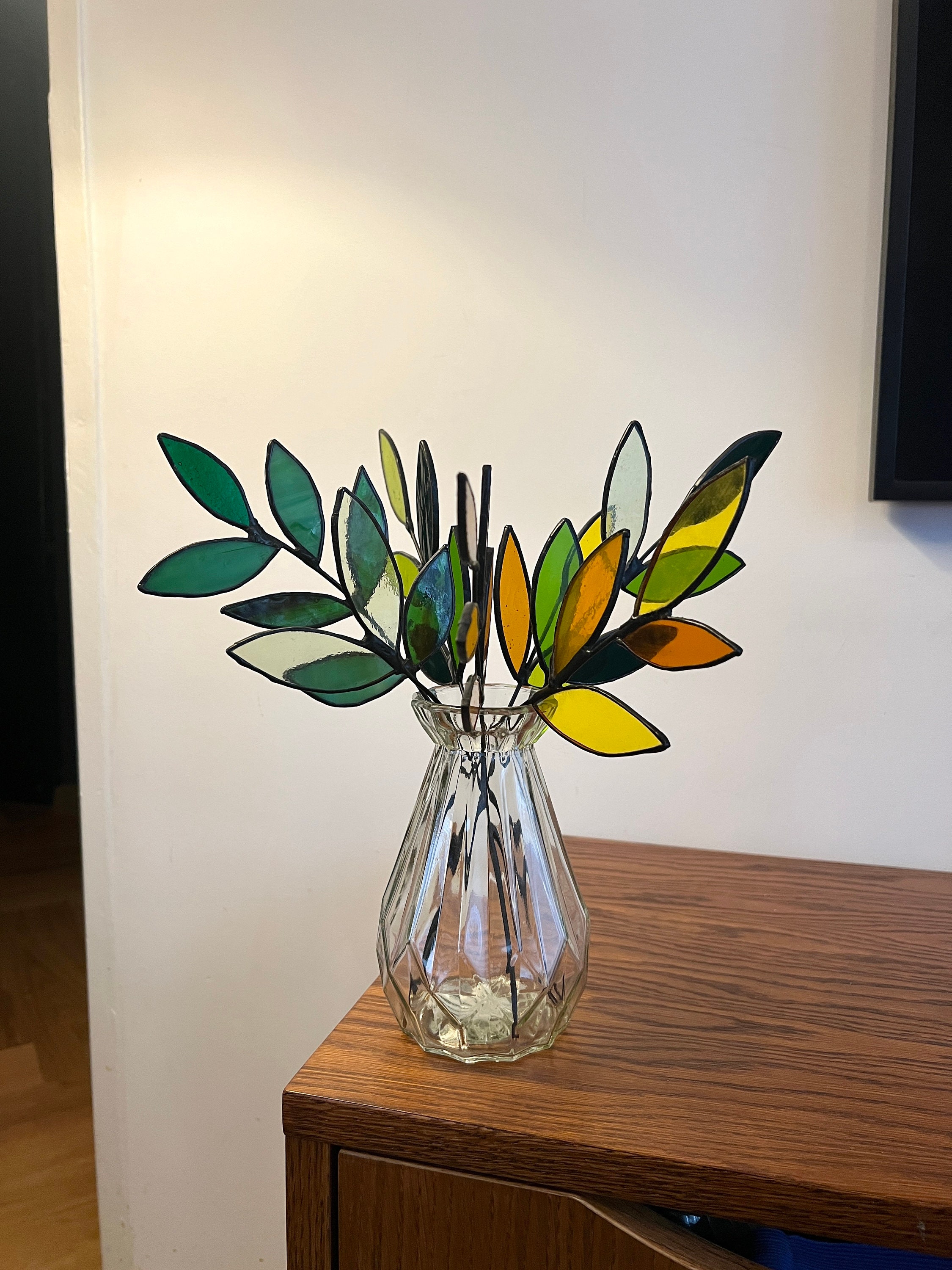 Stained Glass Bouquet With Seven Leafy Stems, Minimalist Glass Flowers Floral Arrangement