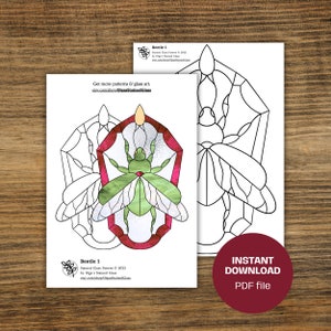 Puede incluir: Un patrón de vitral imprimible de un escarabajo con alas verdes y cuerpo rojo. El patrón tiene forma hexagonal e incluye instrucciones para crear un proyecto de vitral. El texto en la página dice "Beetle 1 Stained Glass Pattern © 2013 by Olga's Stained Glass etsy.com/shop/OlgasStainedGlass".