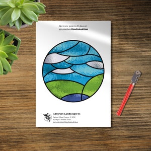 Abstract landscape stained glass pattern, abstract sun catcher, stained glass panel, digital download, landscape glass pattern, PDF template