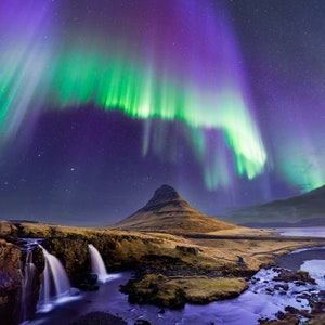 Kirkjufell Iceland aurora borealis landscape photo, northern lights image, Iceland print, wall art, landscape photography, living room decor