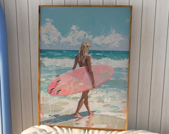 Surfer Girl with Pink Surfboard Giclée Print, Preppy Summer Poster, Coastal Beachy Room Decor, Trendy Surfing Wall Art, Coconut Girl Gallery